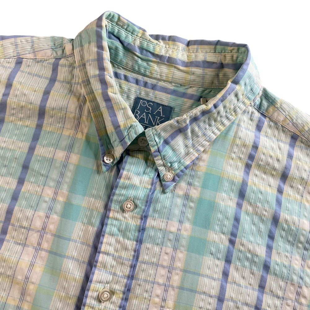 Jos. A. Bank Stays Cool Men XL Shirt Short Sleeve Plaid Cotton Teal Blue Yellow